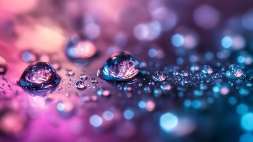 Macro bokeh microcosm with neon-toned liquid spheres.