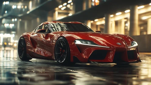 Red sports coupe reflects wet city lights in night scene