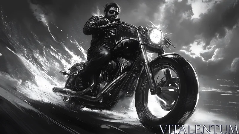 Motorcyclist rides through wet road under dramatic cloudy sky.