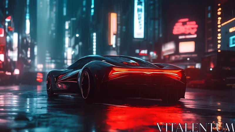 Futuristic sports car in rainy neon city street at night.