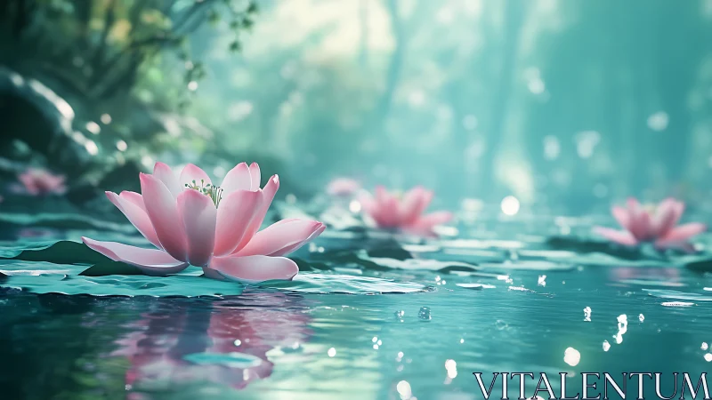 Lotus blooms drift like soft lanterns across a teal dream pond