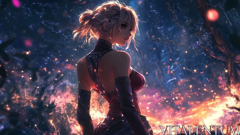 Warrior woman stands in glowing forest at twilight.