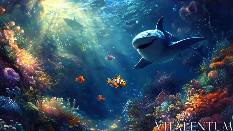 Smiling shark glides through a sunlit coral reef dreamscape