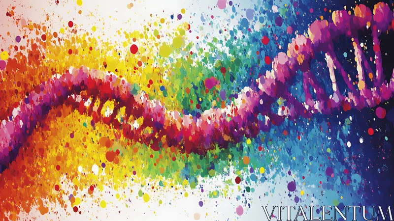 Color-splashed DNA strand dances across a bright rainbow field
