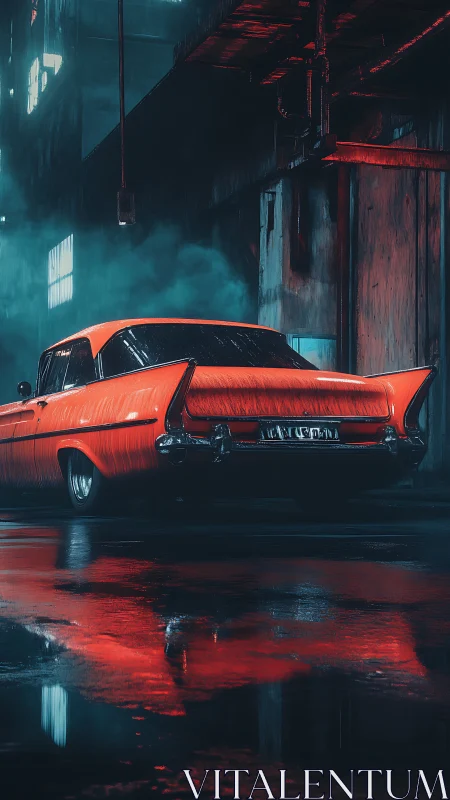 Retro red sedan under neon rain in moody industrial alley