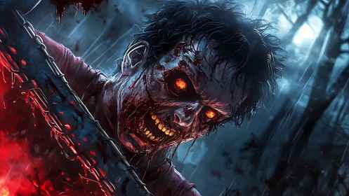 Zombie with glowing eyes lunges over bloodstained metal barrier