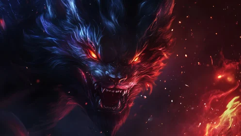 Fiery wolf-like creature emerges from dark abstract background