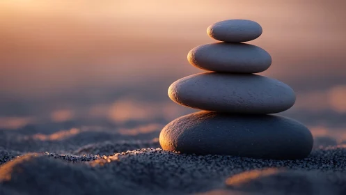 Stacked smooth stones on sand in low warm sunset light.