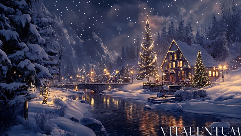 Snowlit cottage hums under star-sprinkled winter hush.