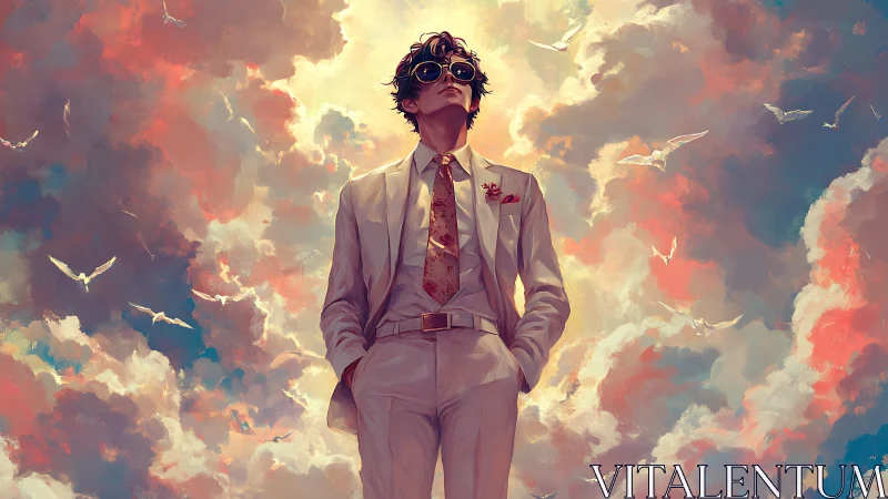Stylish dreamer in a white suit walks confidently through clouds