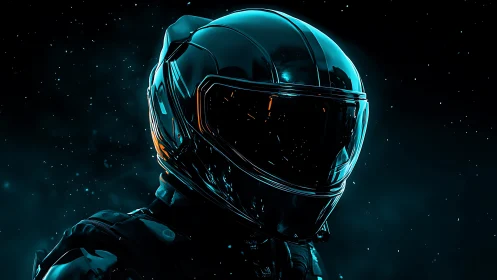 Lone space rider in a glowing teal starry night visor.