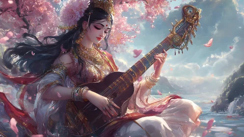 Springtime goddess strums celestial strings beside drifting petals