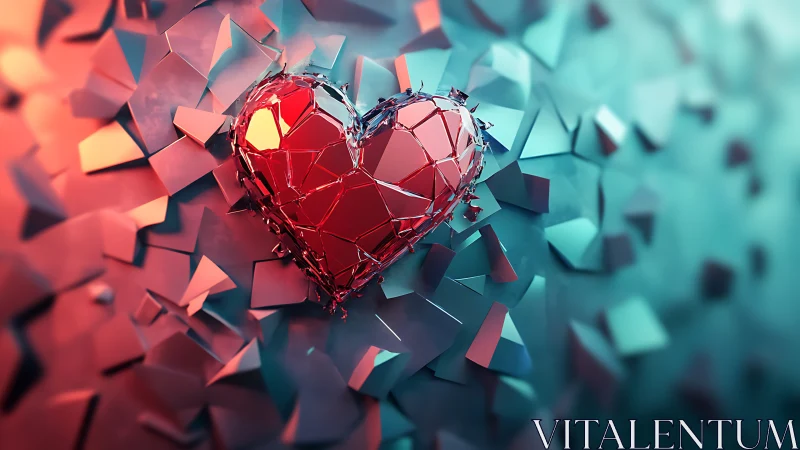 Red crystalline heart form amid fragmented geometric structures.