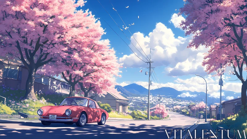 Vintage red coupe under sunlit cherry blossom avenue.