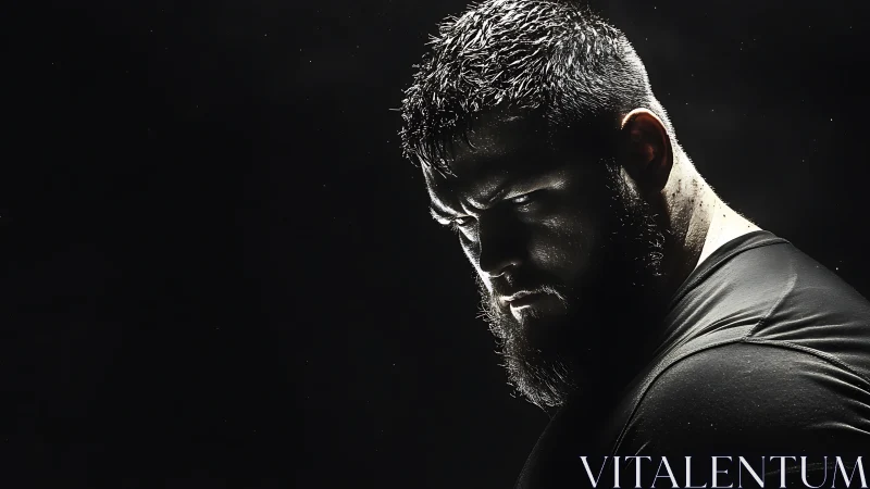 Muscular bearded man glares downward under harsh rim lighting