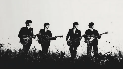 Monochrome guitar quartet in ink-splatter silhouette style.
