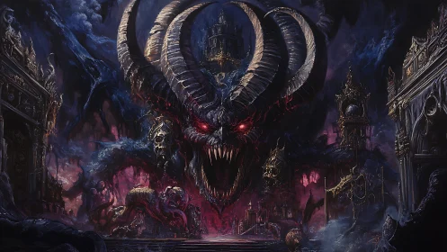 Towering horned demon guards a dark, haunted underworld.