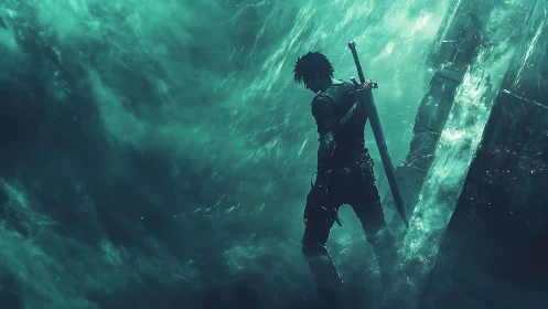 Lone swordsman pauses in a glowing storm of teal mist.