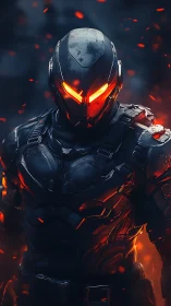 Cybernetic armored warrior with burning visor in embers.