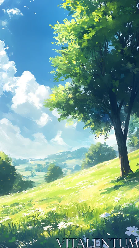 Sunlit hillside meadow rendered with layered atmospheric perspective