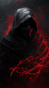 Hooded reaper silhouette wrapped in crimson ethereal flames.