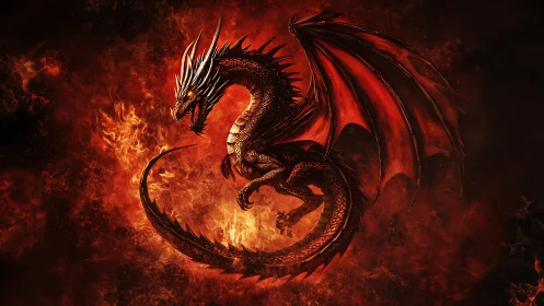Crimson scaled fire dragon in midair over infernal flames