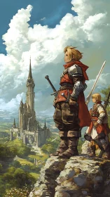 Armored warriors overlook sunlit gothic citadel landscape.