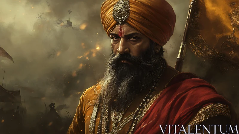 Warrior chieftain in saffron turban amid smoky battlefield