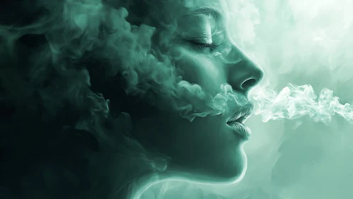 Female profile in swirling smoke on teal mist background.