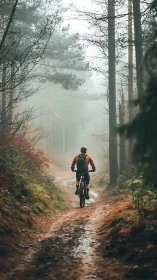 Mountain Biker Navigating Misty Forest Trail with Autumn Leaf Coverage
