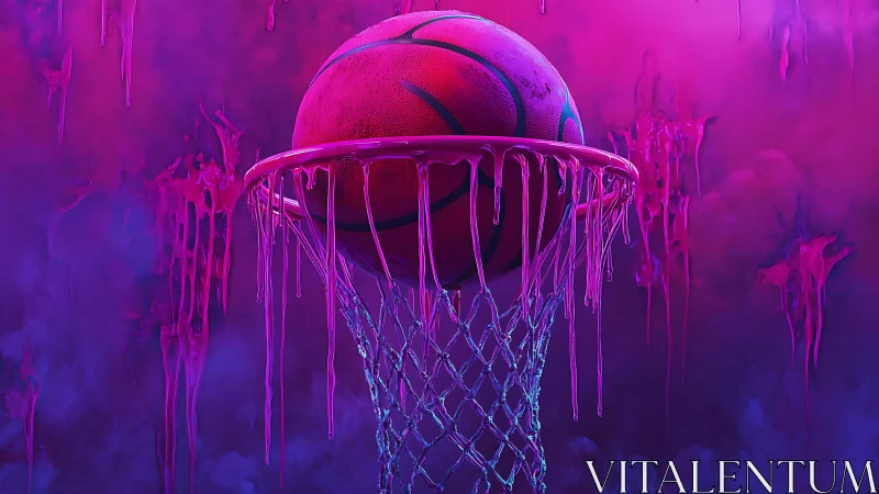 Neon basketball suspended in melting pink hoop haze.
