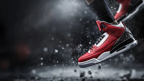 Red leather basketball sneaker in explosive motion blur.