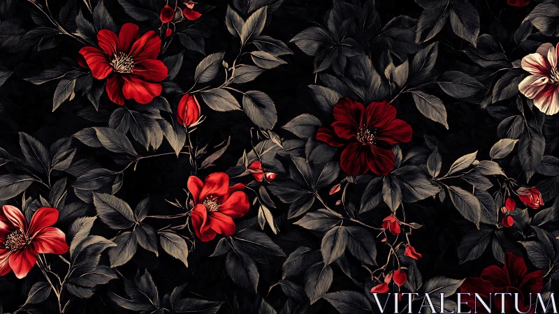 Red Flowers Against Dark Foliage in Botanical Pattern