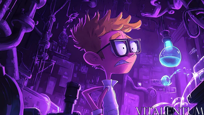 Digital lab mishap with neon-lit cartoon scientist caricature.