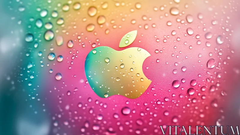 Glistening rainbow apple logo glows through soft water drops