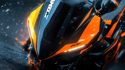 Orange sport motorcycle front fairing in heavy rain.