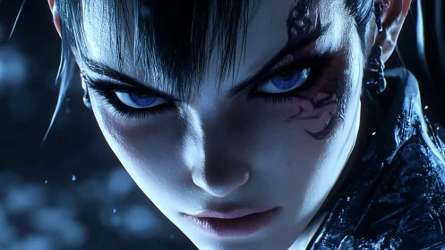 Storm-eyed cyber huntress poised in electric midnight focus.