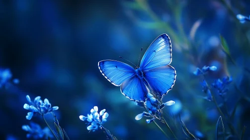 Blue butterfly rests on glowing flowers in deep bokeh field