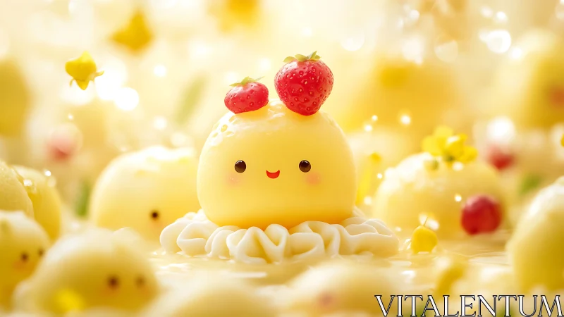 Cute yellow character with strawberry hat in cream scenery.