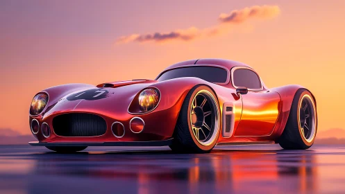 Low-angle red sports coupe render reflects warm sunset light