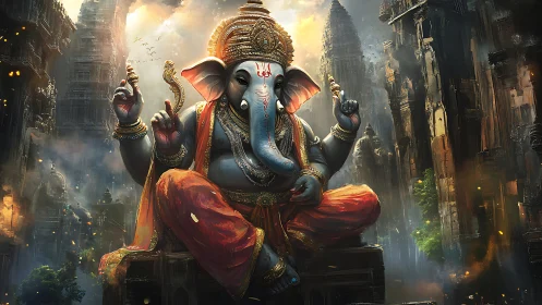 Majestic Ganesha deity illuminated amid dense temple megastructures