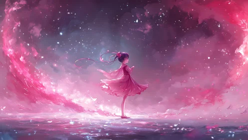 Stargazing girl drifts through swirling pink cosmic tides.