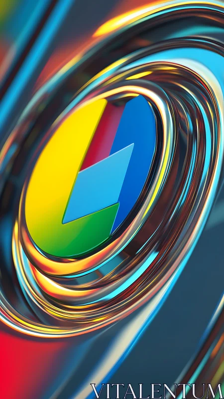 Chromatic tech emblem spins within liquid metal rings.