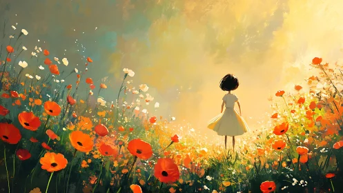 Luminous wildflower field with solitary child in backlit bloom.