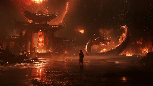 Warrior confronts fire dragon before burning temple gate.