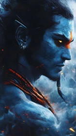 Stormlit blue warrior in profile with burning ember gaze.