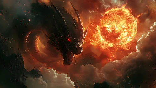 Infernal dragon coils through burning stormlit sky.