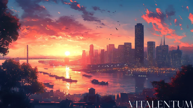 Vibrant digital city sunset over harbor skyline panorama.