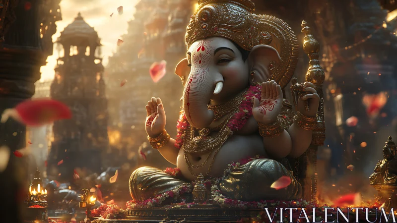 Golden Ganesha glows in rosepetal haze of temple dusk.