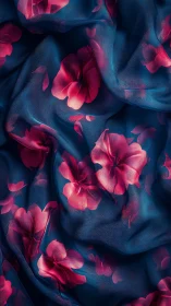 Neon Floral Textile with Pink Blooms on Deep Blue Fabric.